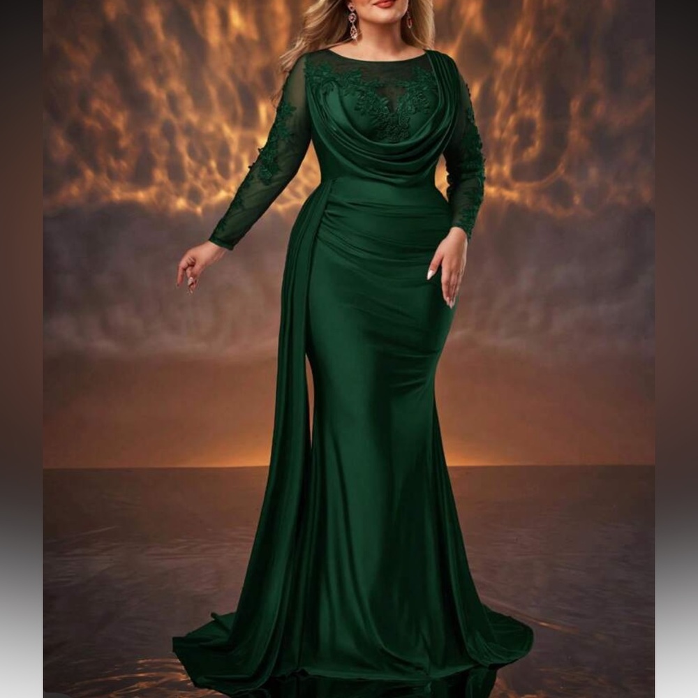 Forest Green Long Sleeve Draped Evening Dress